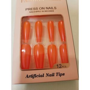 Press On Long Coffin Nails. Fashion Nail Tips.12 nails in set Shiny Orange. NIB.